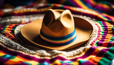 A brown sombrero sits on a brightly colored woven blanket. The sombrero has a wide brim and a colorful band around the crown.の写真素材