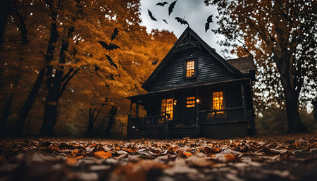 A spooky old house stands in the middle of a dark forest with bats flying overhead. The image is full of mystery and eerie atmosphere, perfect for Halloween.の写真素材