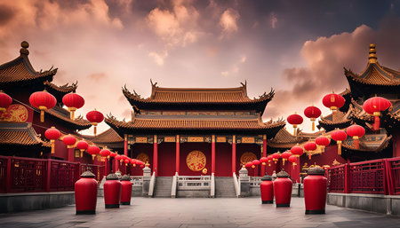 A picturesque view of a Chinese temple bathed in the golden light of sunset, adorned with vibrant red lanternsの写真素材