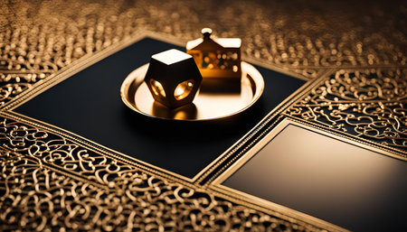 Close-up of two golden decorative objects on an intricately patterned background. The objects are a house and a cube, both shining and reflecting light.の写真素材