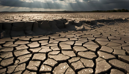 A close-up view of parched earth with deep cracks caused by drought. The sun casts rays through the clouds, creating a dramatic, yet desolate scene.の写真素材