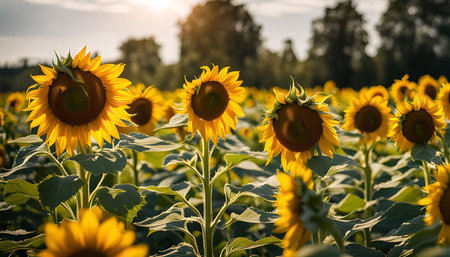 A field of sunflowers basking in the golden light of the setting sun, showing the vibrant beauty of nature during summertime.の写真素材