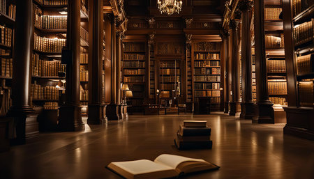 A majestic library interior, showcasing tall wooden bookcases filled with books, warm lighting, and a grand and elegant atmosphere.の写真素材