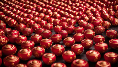 A close-up shot of a vast array of red, ornate spheres. The balls are adorned with intricate gold patterns, creating a captivating visual feast. The glistening surface reflects light, enhancing the beauty of the design.の写真素材