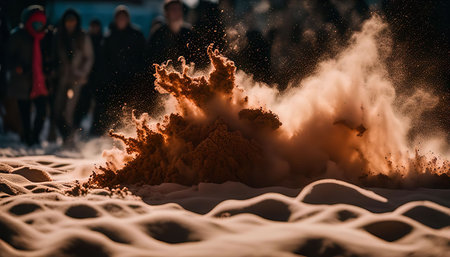 A burst of sand in the air with a backdrop of snow, the sun casting a warm glow on the scene.の写真素材
