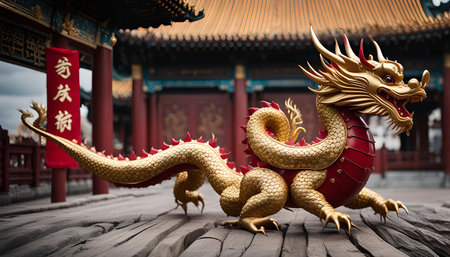 A golden dragon statue stands on a wooden floor in front of a traditional Chinese temple.の写真素材
