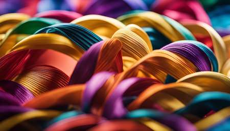A closeup shot of colorful ribbons intertwined creating a visually captivating pattern. The vivid colors and intricate textures are accentuated by the macro photography, highlighting the beauty of the abstract design.の写真素材