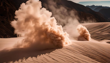 Dust clouds in the desert, created by wind, forming a beautiful natural phenomenon.の写真素材