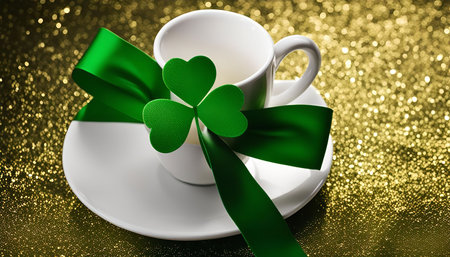 A white teacup adorned with a green shamrock and a green ribbon on a gold glitter background, perfect for celebrating St. Patrick's Day.の写真素材