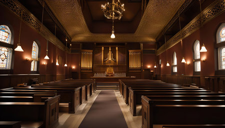 A wide-angle shot of the interior of a church with stained glass windows and a large pipe organ at the front. The pews are empty and the room is quiet and serene.の写真素材