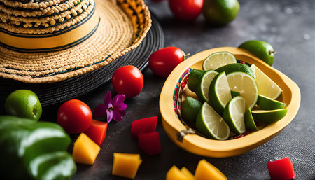 A wooden bowl filled with fresh lime slices, capturing the essence of a summer fruit platter. The vibrant green citrus contrasts against the dark background, creating a visually appealing composition.の写真素材