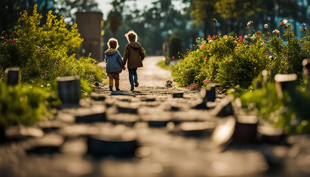 Two children walk hand-in-hand down a path, surrounded by greenery and trees.の写真素材