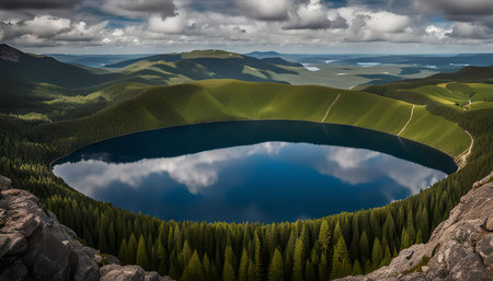 Aerial view of a crater lake surrounded by a lush green forest with a dramatic mountain range in the background and clouds reflecting in the water.の写真素材