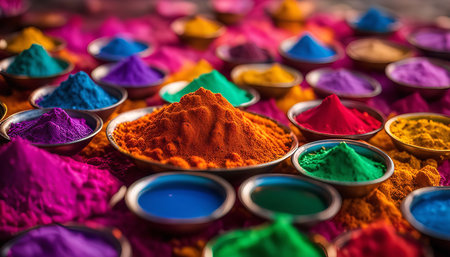 A close-up shot of colorful powder in bowls, capturing the essence of Holi, the Indian festival of colors.の写真素材