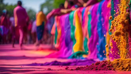 A close-up shot of colorful powder being thrown at a Holi festival in India. The powder creates a vibrant and joyful atmosphere.の写真素材
