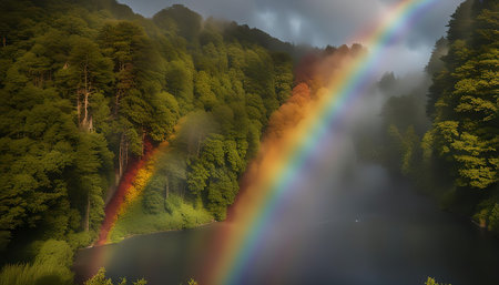 A vibrant rainbow arches over a foggy lake, surrounded by lush green trees.の写真素材