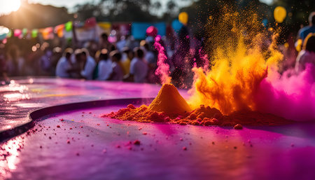 A vibrant explosion of colored powder during a festival, capturing the joy and excitement of the...