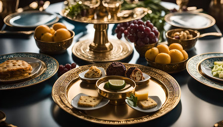 A close-up shot of an elegant table setting featuring gold-rimmed plates, a gold centerpiece, and a variety of food items. The table is set for a formal dinner or special occasion.の写真素材