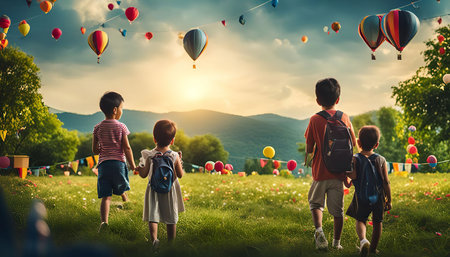 Four kids are walking in a grassy field, looking up at hot air balloons floating in the sky. The children appear to be excited and joyful, symbolizing a carefree childhood and the joy of adventure.の写真素材