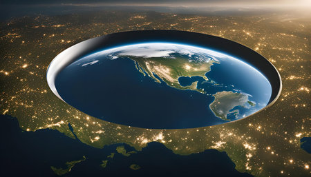 A depiction of the earth as a sphere encased within a circular structure, representing a unique perspective of our planet.の写真素材