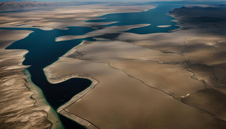 An aerial view of a vast desert landscape dotted with water features. The image showcases the unique beauty of the desert, with its contrasting colors and textures.の写真素材