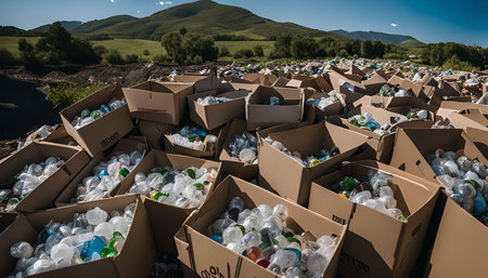 A large amount of plastic bottles and other waste is piled up in cardboard boxes, creating a huge pile of garbage. The image is taken in a mountainous area, highlighting the environmental impact of waste accumulation.の写真素材