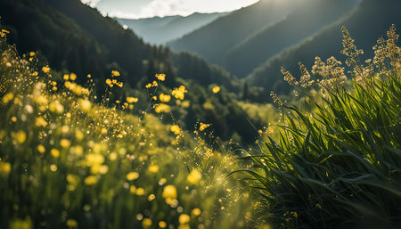 A beautiful sunset paints the sky in golden hues as it illuminates lush green mountains in the distance, casting a warm glow over a field of yellow wildflowers.の写真素材