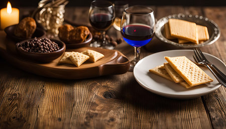 Close-up image of a delicious meal with crackers, chocolate, and wine on a rustic wooden table. The...