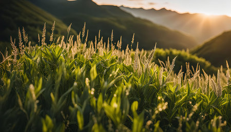 A panoramic view of a grassy field bathed in the golden light of a setting sun, with mountains in the background.の写真素材