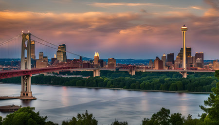 A stunning view of the skyline at sunset, with the tower and the iconic bridge in the foreground.の写真素材