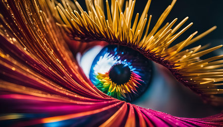 A close-up shot of a paper eye art sculpture with vibrant colors and intricate details, resembling a real eye with an emphasis on the eyelashes and iris.の写真素材