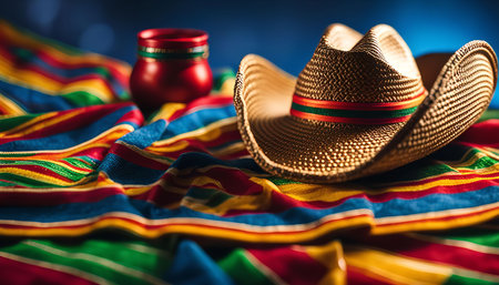 A close-up of a straw hat on a colorful fabric background.の写真素材