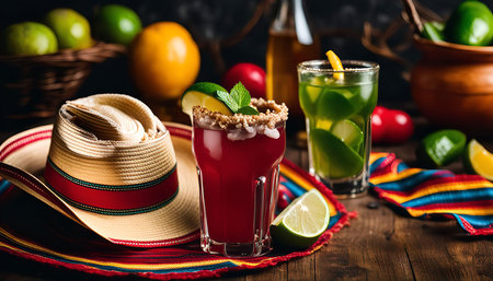 Two glasses of cocktails with a straw hat, lime and oranges on a rustic wooden table. A perfect summer drink.の写真素材