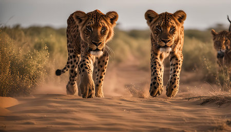 Two majestic leopards are seen running through the savanna, their spotted fur blending with the golden grasses. The intensity in their gas and the energy in their movements capture the wild spirit of these magnificent creatures.の写真素材