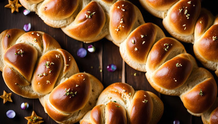 A close up view of golden brown, braided bread with a soft, fluffy texture. The bread is baked to perfection and is perfect for any occasion.の写真素材