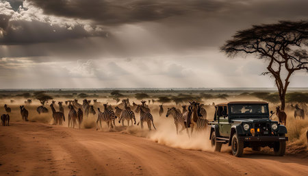 A group of zebras runs past a safari jeep on a dirt road in the African savanna. The sky is overcast with dark clouds, and the sun is shining through the clouds, casting a light on the scene.の写真素材