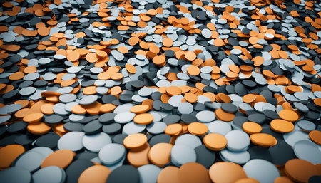A close up abstract image of a surface covered with circles in orange, black, and white. The arrangement of the circles creates a visually interesting texture and design.の写真素材
