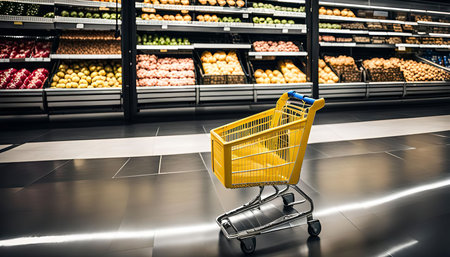 A yellow shopping cart stands in an empty aisle of a supermarket, with shelves full of fresh produce in the background.の写真素材