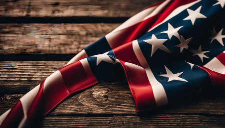 A close-up image of a folded American flag on a rustic wooden background, capturing the texture of the wood and the fabric of the flag.の写真素材