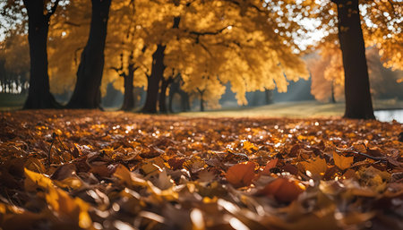 A close-up shot of fallen leaves covering the forest ground during autumn. The colors are vibrant and the light is warm and inviting.の写真素材