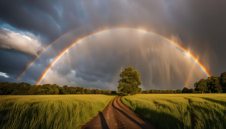 A stunning double rainbow arches over a winding country road, bathed in the golden light of the sun after a storm. The lush green field stretches out as far as the eye can see, creating a sense of peace and tranquility.の写真素材