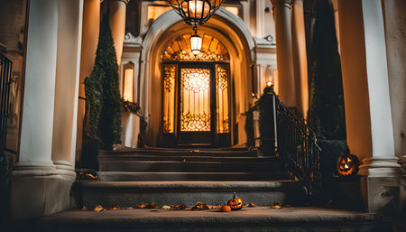 A spooky Halloween entrance with jack-o-lanterns illuminating the front steps of a house.の写真素材