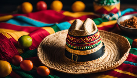 A close-up shot of a sombrero resting on a vibrant multi-colored fabric background. The hat is made of straw and features a decorative band with colorful accents.の写真素材