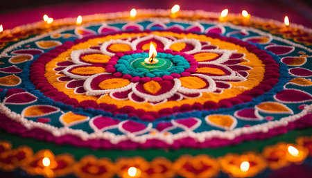 A vibrant Rangoli design for Diwali, with lit candles around the intricate pattern. This traditional Indian art form symbolizes good luck and prosperity.の写真素材