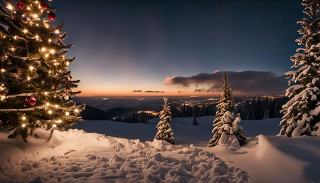 A beautifully decorated Christmas tree stands tall against a breathtaking snowy backdrop, with a clear night sky and twinkling stars illuminating the scene.の写真素材