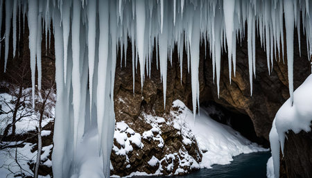 A view of a frozen river under a cliff covered in icicles. The snow and ice create a beautiful winter wonderland.の写真素材