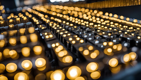 A blurry abstract image of yellow lights creating a repetitive pattern.の写真素材