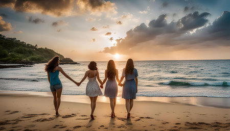 Four friends are walking hand in hand on a beautiful beach at sunset, facing the ocean. The sky is ablaze with golden light, and the sand stretches out before them.の写真素材