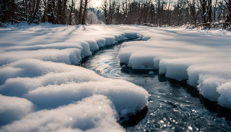 A winding stream flows through a snowy forest, frozen in place during winter. The sunlight reflects off the white snow and the icy water, creating a beautiful contrast.の写真素材