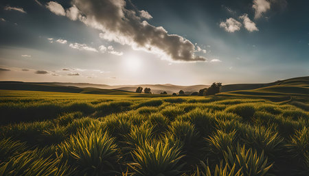 A picture of a vast green field, lush and vibrant, under a bright, sunny sky. The field is filled...